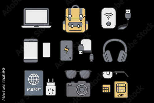 Travel essentials: digital devices, passport, and accessories