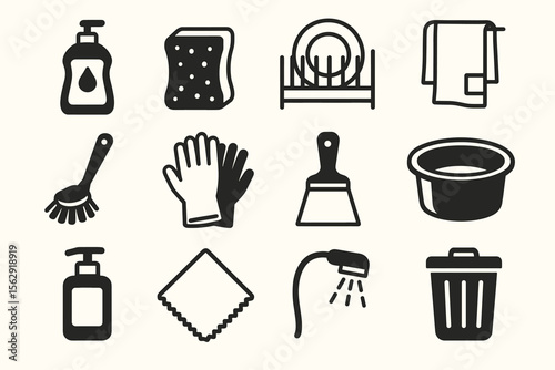 Kitchen cleaning icons: soap, sponge, dish rack, towels, brush, gloves, scraper, bowl, lotion, cloth, spray, trash bin