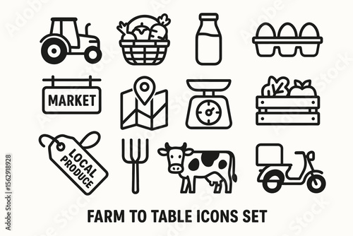 Farm to table icons set: agriculture, food, produce, market, delivery