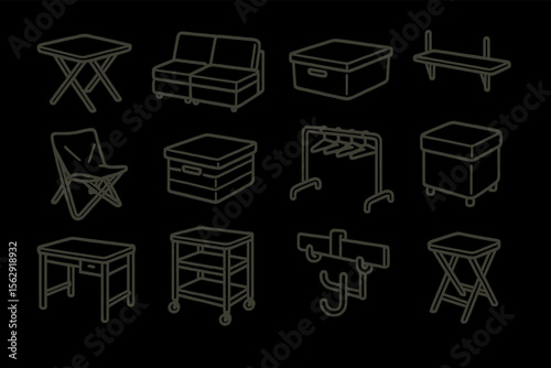 Minimalist furniture icons: tables, chairs, storage solutions, and more