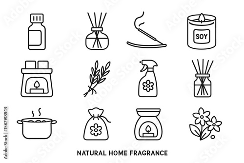 Simple icons of natural home fragrance elements including oils and candles