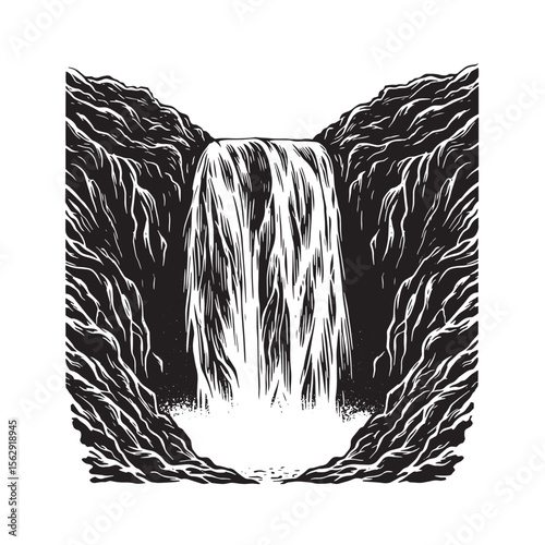 Black and white illustration of a majestic waterfall flowing between rocky cliffs featuring woodcut style and an ornament set