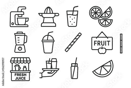 Juicer and blender outline icons with fruit and beverages