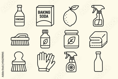 Cleaning icons: vinegar, baking soda, lemon, spray, brushes, gloves