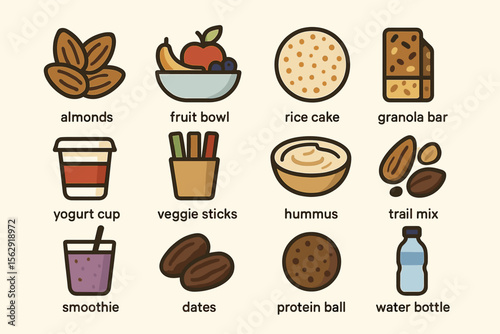 Assorted healthy snacks: almonds, fruit bowl, rice cake, granola bar, and more