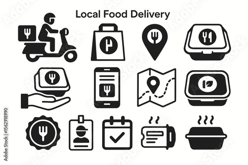 Local food delivery icons: scooter, packaging, map, mobile, badge, calendar, hot meal