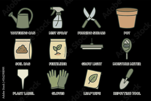 Essential gardening tools: watering can, pruning shears, fertilizer, moisture meter
