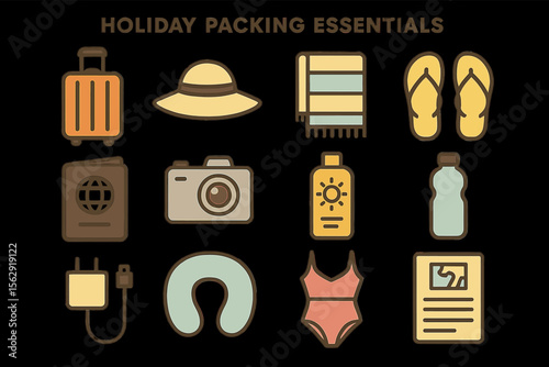 Essential items for holiday packing: travel icons of hat, camera, sunscreen, swimsuit, and more