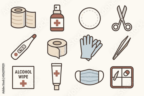 Essential first aid kit items: bandages, gloves, scissors, thermometer, mask, gauze