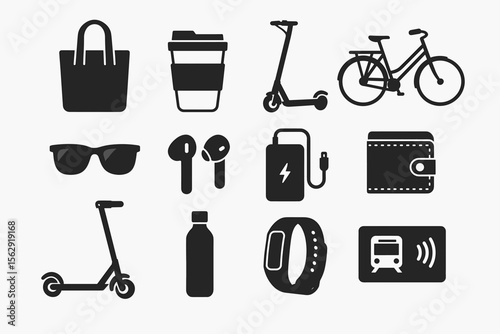 Urban essentials icons: tote, reusable cup, scooters, bike, earbuds, power bank, wallet, sunglasses, water bottle, fitness band, transit card