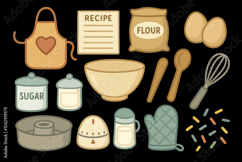 Baking essentials: illustrated utensils and ingredients for home cooking