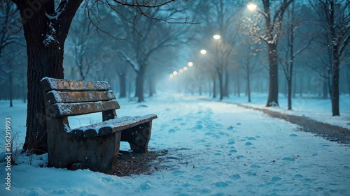 Winter Bench Serenity: A serene bench stands amidst a snowy park under the soft glow of streetlights, evoking a sense of calm and quietude in winter.