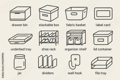 Storage solutions: drawer bin, stackable box, fabric basket, label card, and more