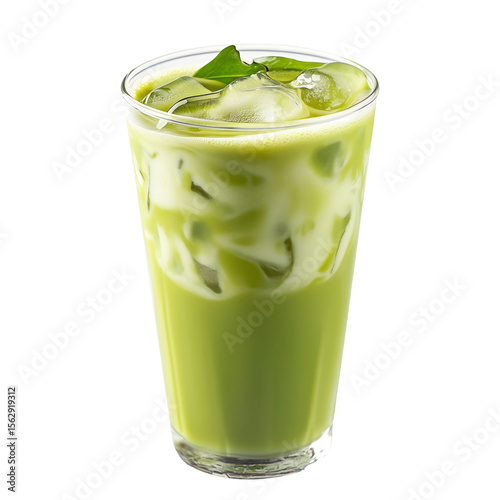 Iced matcha green tea latte with ice cubes in tall glass, isolated on white transparent background, concept of summer beverage