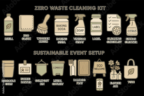 Zero waste cleaning kit and sustainable event setup icons
