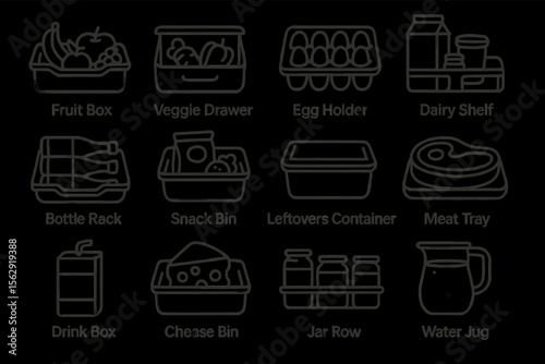 Fridge organization icons showcasing various storage solutions