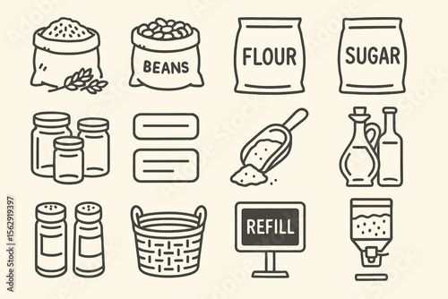 Hand-drawn icons of kitchen bulk items and containers for storage