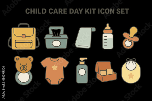Child care essentials icon set featuring baby gear and accessories