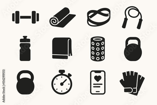 Fitness equipment icons: dumbbell, yoga mat, resistance band, jump rope, water bottle, kettlebell