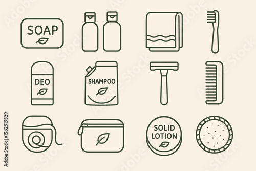 Minimalist line icons of personal care items with eco-friendly theme