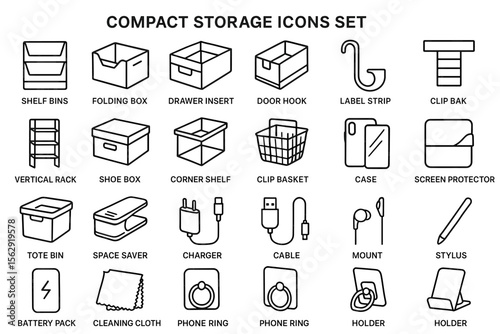 Compact storage icons set for organizational solutions