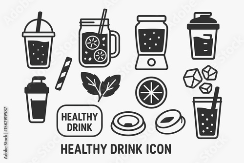 Healthy drink icons: smoothie, blender, mug, straw, leaf, ice, lemon, shaker