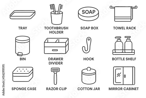 Bathroom organization essentials: tray, toothbrush holder, soap box, and more icons