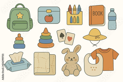 Colorful collection of kids' school and play items: backpack, crayons, toys, book