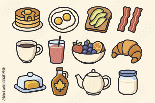 Cartoon breakfast foods: pancakes, eggs, avocado toast, bacon, coffee, fruit, croissant