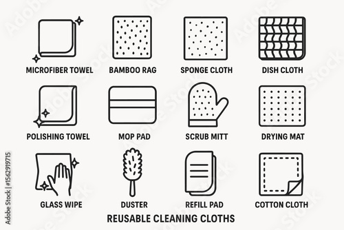 Various reusable cleaning cloths and tools for eco-friendly housekeeping