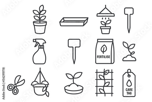 Gardening tools and plant icons: watering, fertilizing, labeling, and growing