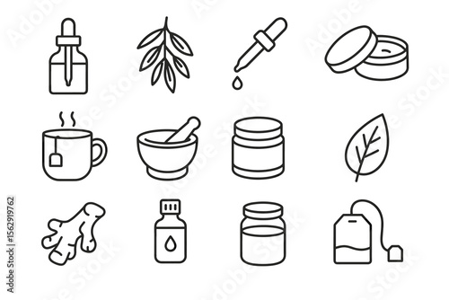 Line art icons of herbal remedies and natural ingredients for wellness