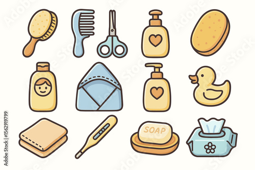 Cute baby care icons set: comb, lotion, soap, thermometer, duck, envelope