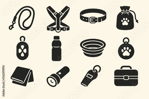 Pet accessories icons set: leash, harness, collar, bowl, tag, torch, whistle, bag