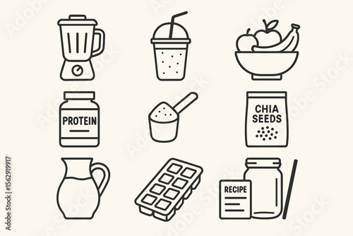 Smoothie ingredients icons: blender, fruits, chia seeds, protein powder, ice tray, recipe card