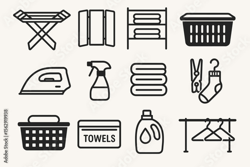 Laundry icons: basket, iron, towels, detergent, hangers in minimalist style