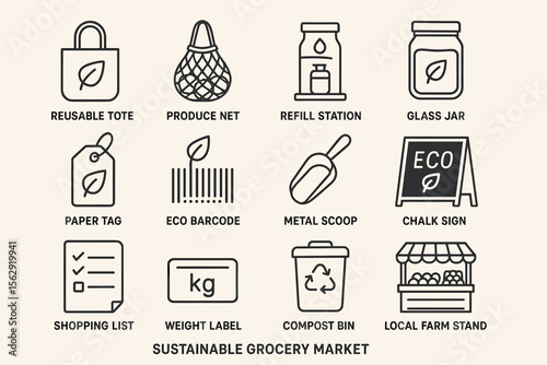 Icons of sustainable grocery market: tote, net, refill station, jar, tag, barcode, scoop, sign, list, label, compost, farm stand