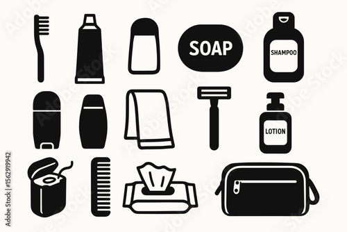 Black and white icon set of personal hygiene and grooming products