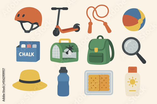 Collection of outdoor and playground items including scooter, backpack, and sun hat