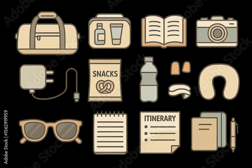 Travel essentials icons set: bag, camera, snacks, itinerary, and more