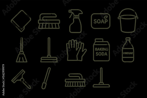 Minimalist line icons of cleaning tools and supplies for home hygiene