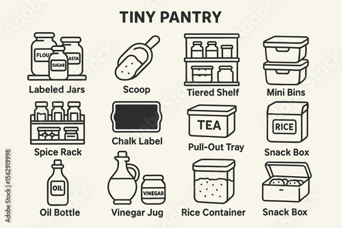 Organized tiny pantry with labeled jars, spice rack, and storage bins illustration