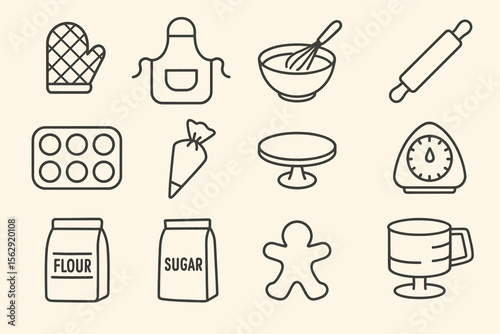 Baking tools line icons: oven mitt, mixing bowl, rolling pin, flour, sugar