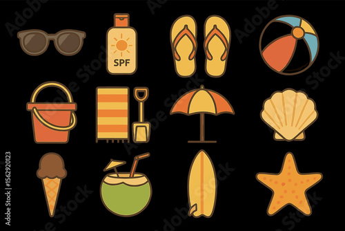 Summer icons: sunglasses, sunscreen, flip-flops, beach ball, bucket, towel, umbrella, shell, ice cream, coconut, surfboard, starfish