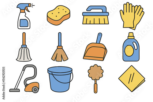 Colorful cleaning supplies and tools illustration: brushes, gloves, vacuum, mop