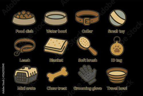 Essential pet accessories: food dish, collar, leash, grooming, and travel kit for pets
