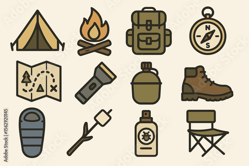 Essential camping gear icons: tent, backpack, campfire, compass, map, hiking boot