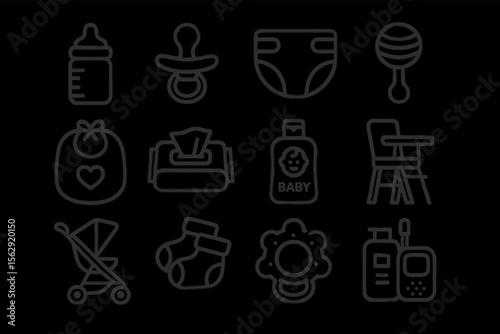 Outline icons of baby essentials: bottles, pacifiers, diapers, and more