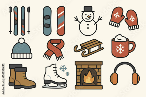 Winter sports and cozy items illustration: skiing, snowman, fireplace, hot drink