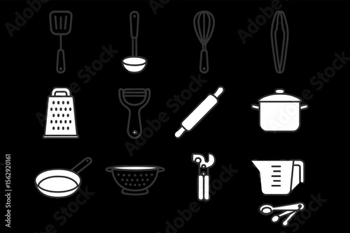Kitchen utensil icons: tools for cooking and baking on black background